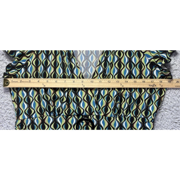 Vintage y2k Babydoll Top Small Black Green Geometric Tie Back V Neck Lettice Hem - Picture 6 of 10